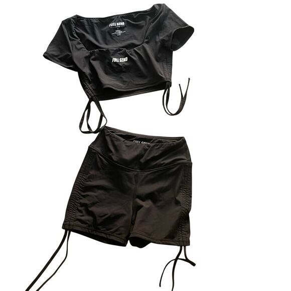 Full Send Fitness Set Womens Cropped Top Shorts Ruched Cinched XS Black Logo - Picture 1 of 4